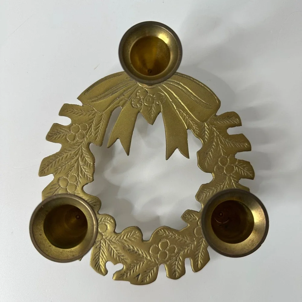 Vintage Brass Christmas Wreath Candelabra 3 Cup Candle Holder Holly Leaf Bow